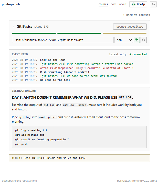 screenshot of stage 3 of pushups.sh/courses/git-basics pushups.sh demo screenshot